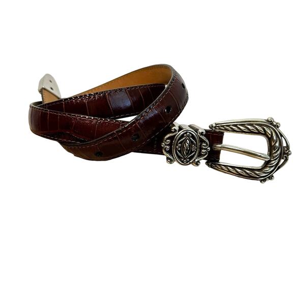 Brighton Narrow Reptile Brown Leather Belt with Silver Hardware - Picture 1 of 5